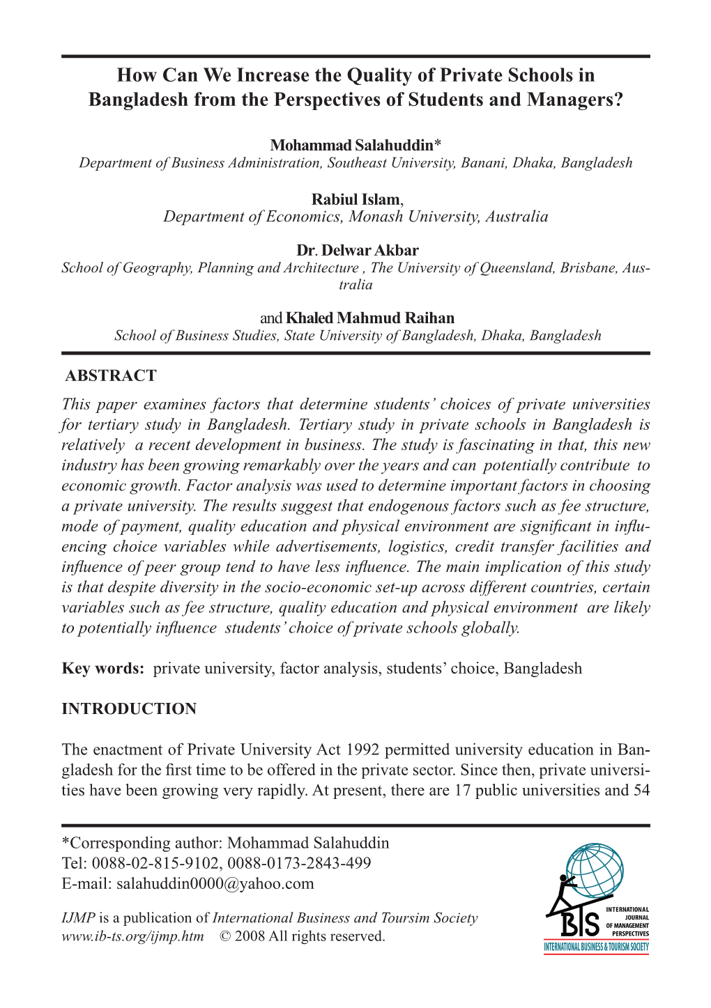 How Can We Increase the Quality of Private Schools in Bangladesh from the Perspectives of Students and Managers?