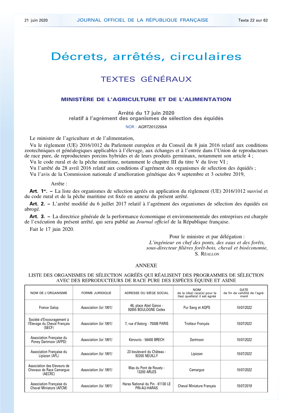 JOURNAL OFFICIEL DE LA RÉPUBLIQUE FRANÇAISE Texte 22 Sur 62