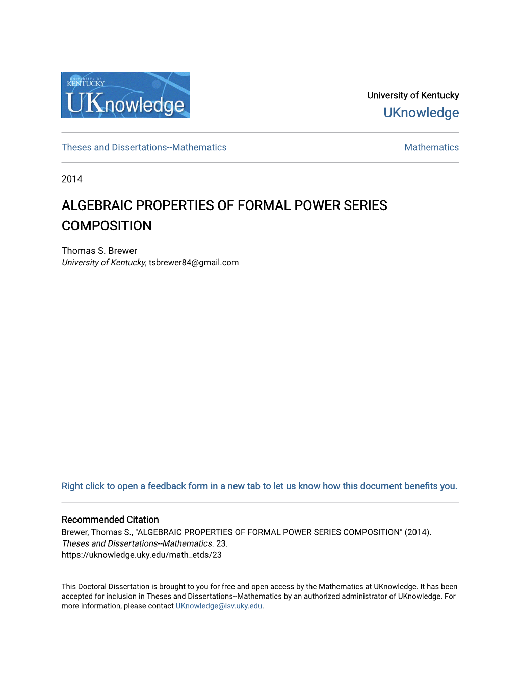 Algebraic Properties of Formal Power Series Composition