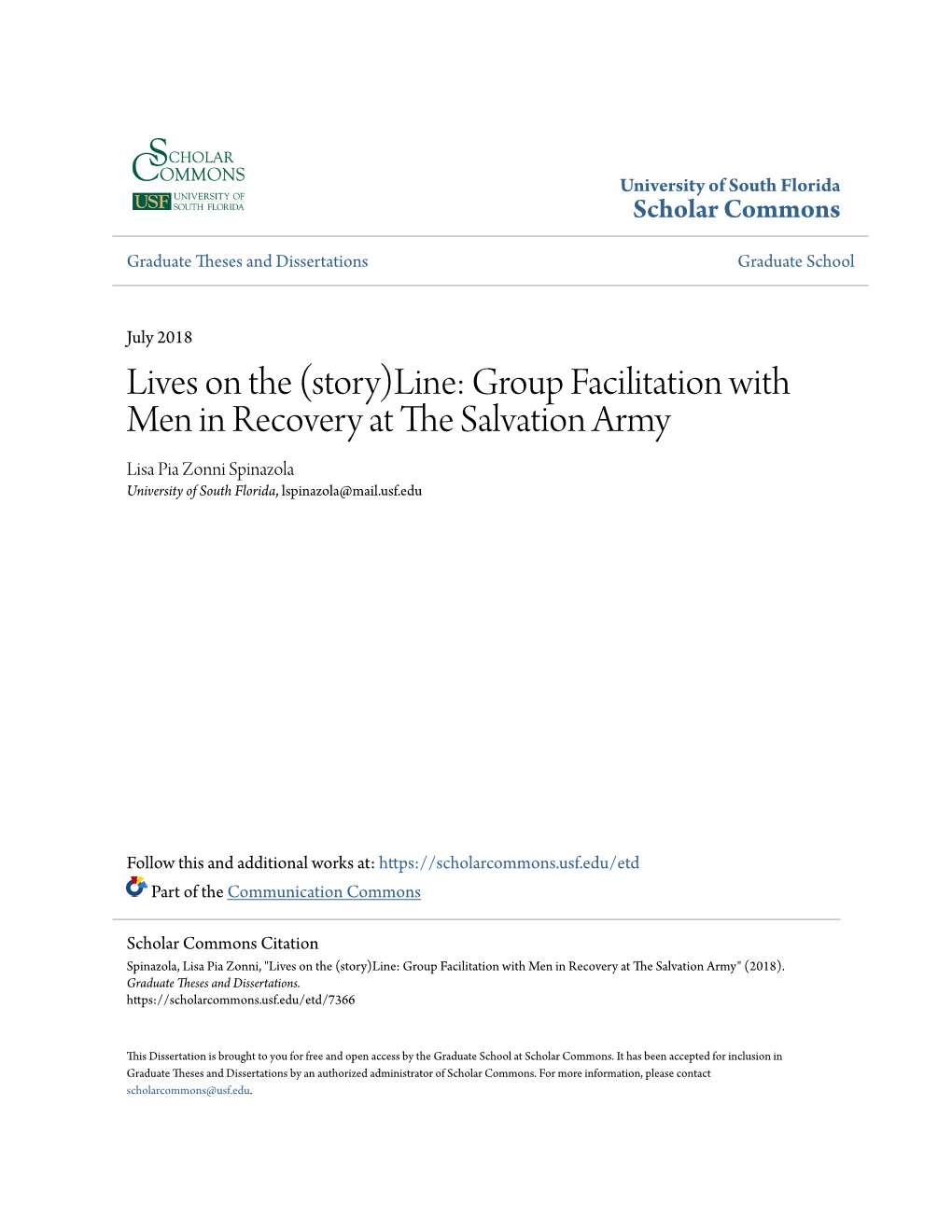 Story)Line: Group Facilitation with Men in Recovery at the Als Vation Army Lisa Pia Zonni Spinazola University of South Florida, Lspinazola@Mail.Usf.Edu