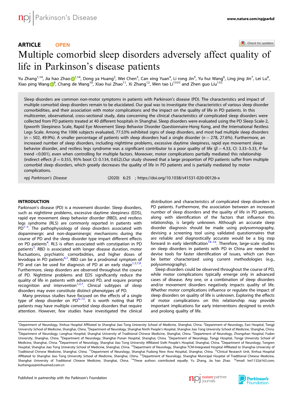 Multiple Comorbid Sleep Disorders Adversely Affect Quality of Life in Parkinson’S Disease Patients