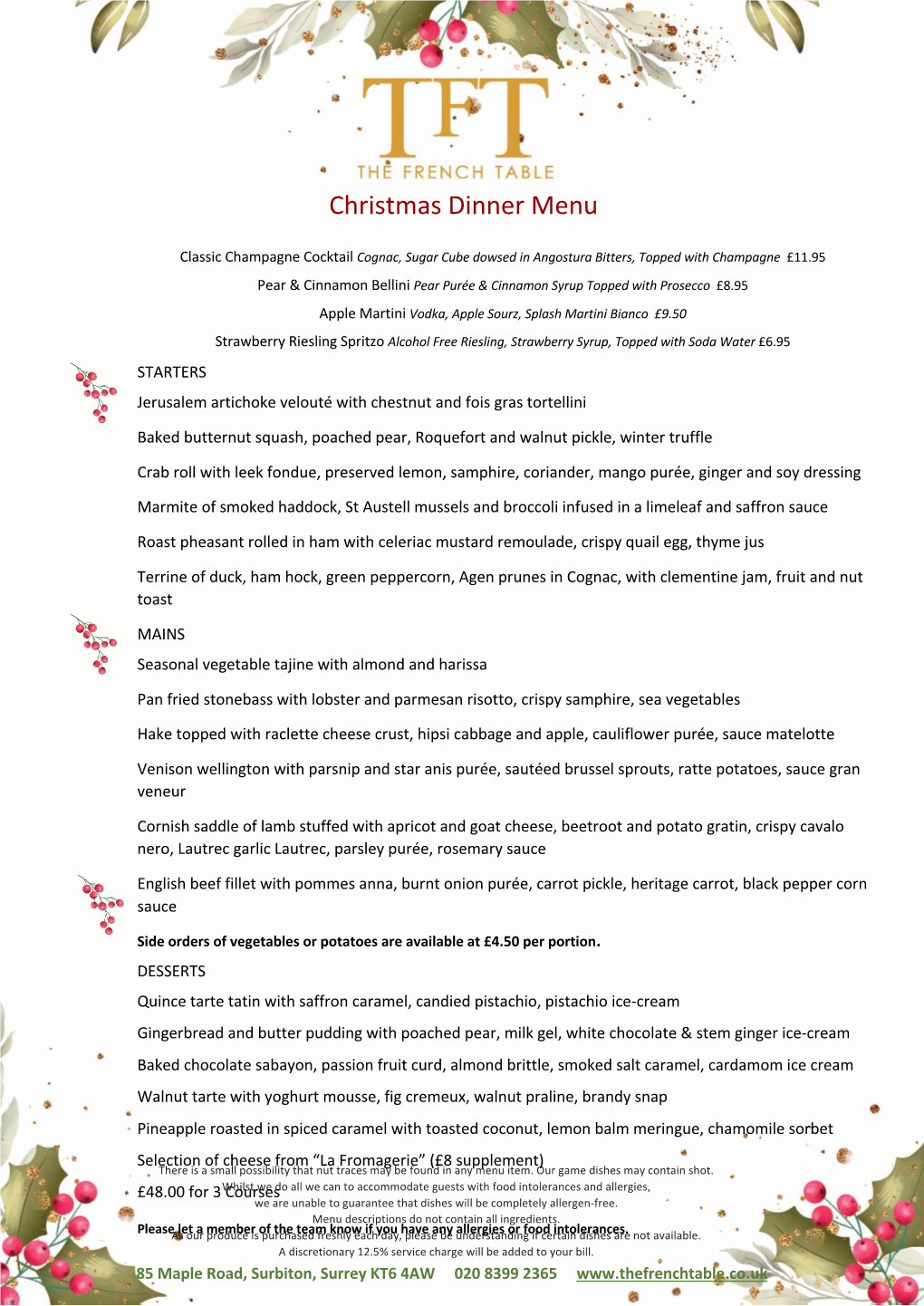 Christmas Dinner Menu