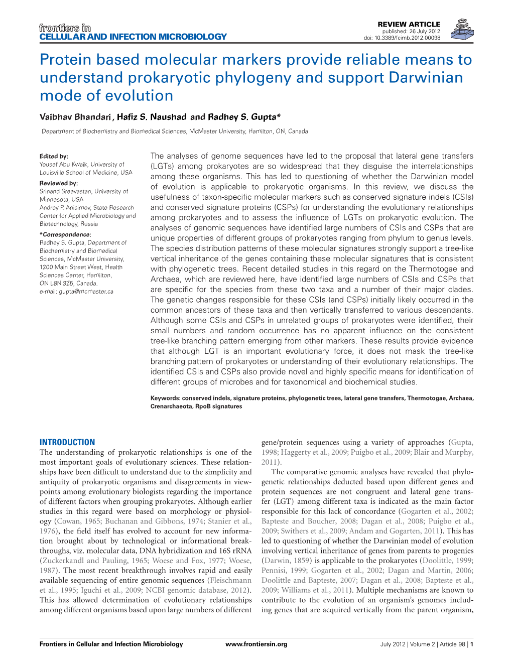 Protein Based Molecular Markers Provide Reliable Means to Understand Prokaryotic Phylogeny and Support Darwinian Mode of Evolution