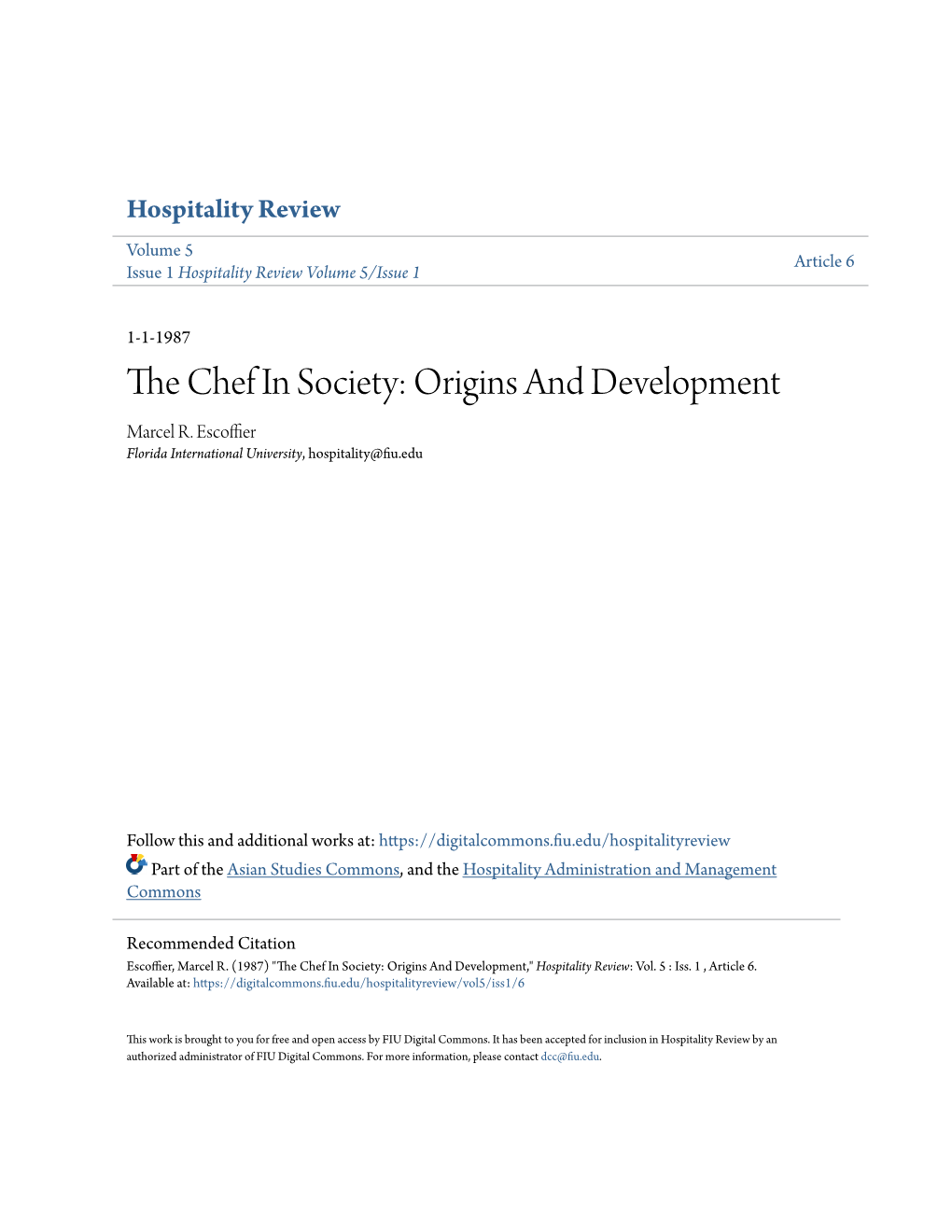 The Chef in Society: Origins and Development