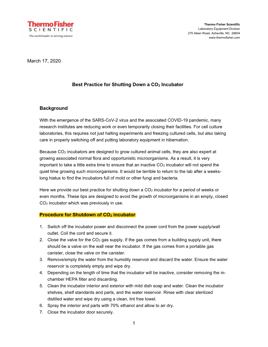 1 March 17, 2020 Best Practice for Shutting Down a CO2 Incubator