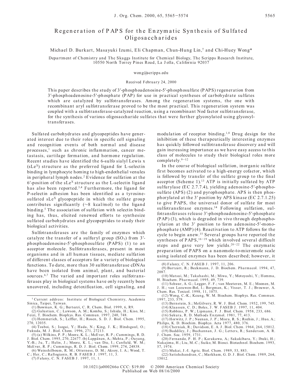 Regeneration of PAPS for the Enzymatic Synthesis of Sulfated Oligosaccharides