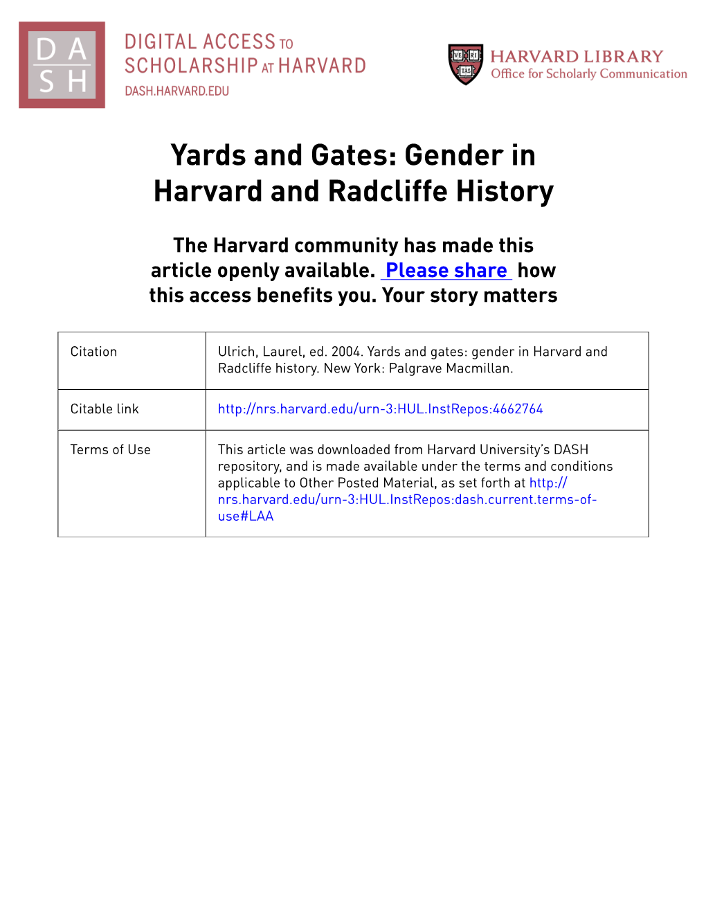 Yards and Gates: Gender in Harvard and Radcliffe History