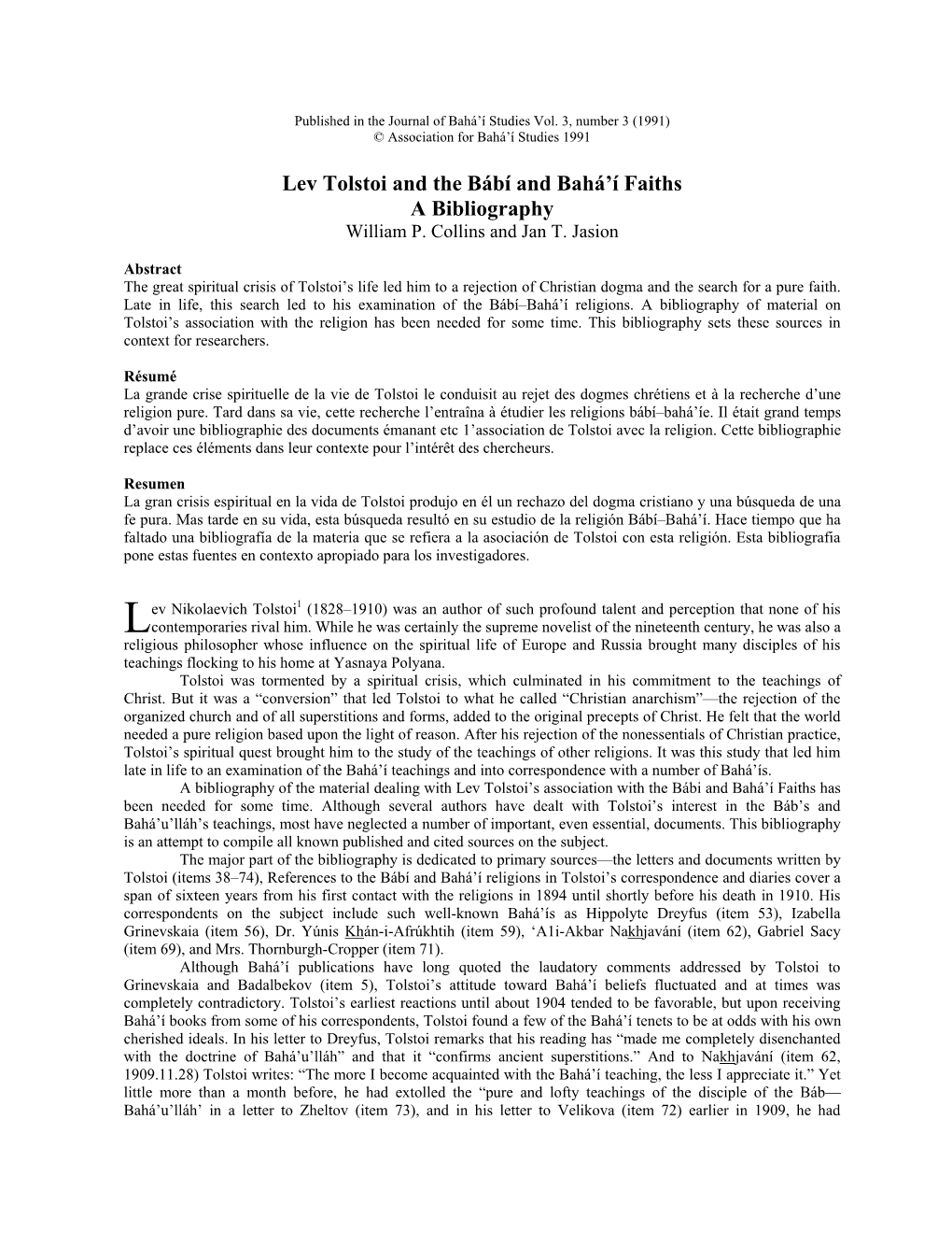 Lev Tolstoi and the Bábí and Bahá'í Faiths a Bibliography