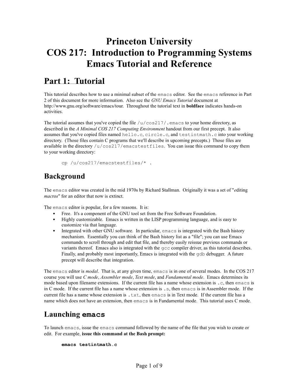 Princeton University COS 217: Introduction to Programming Systems Emacs Tutorial and Reference