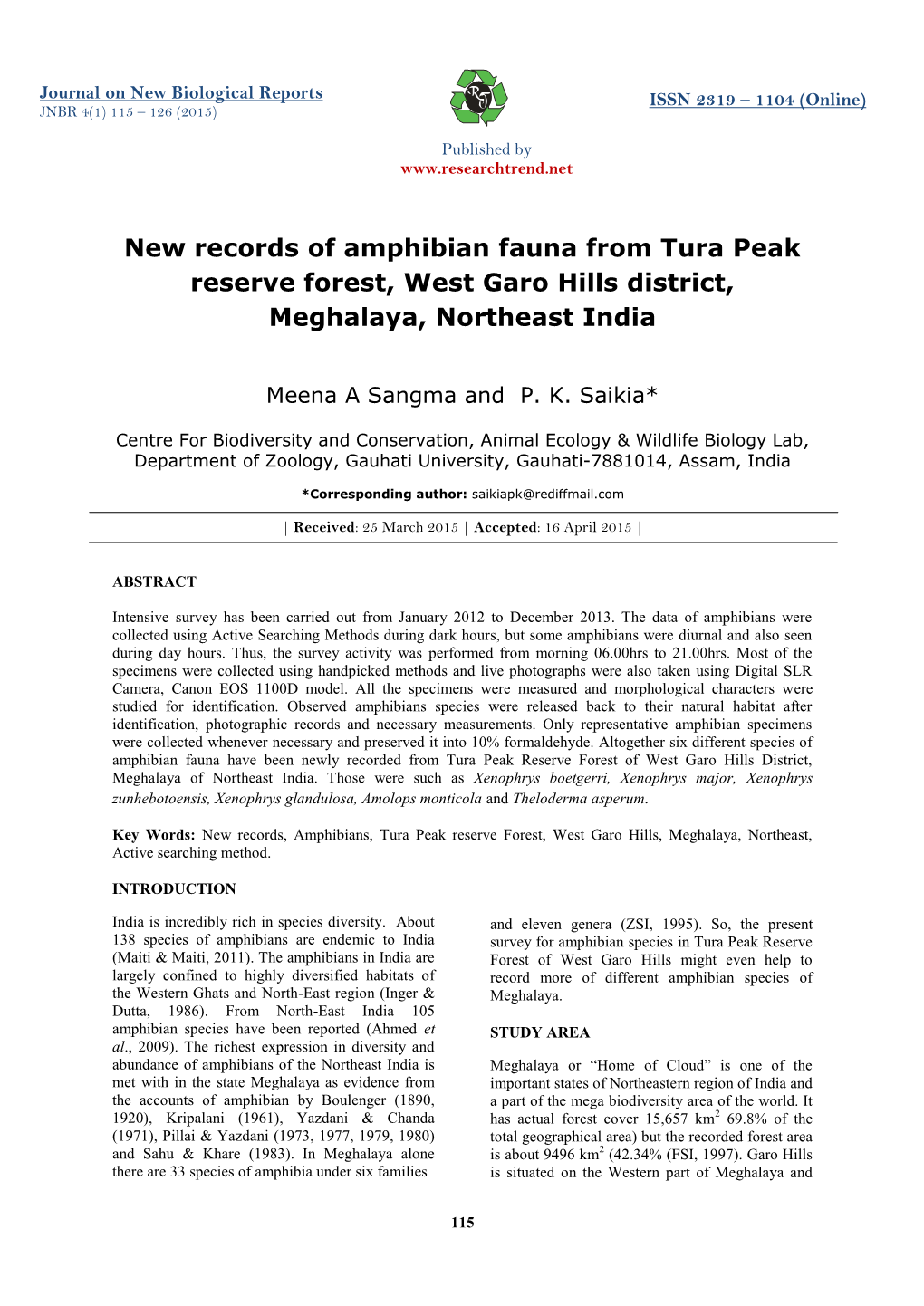 New Records of Amphibian Fauna from Tura Peak Reserve Forest, West Garo Hills District, Meghalaya, Northeast India