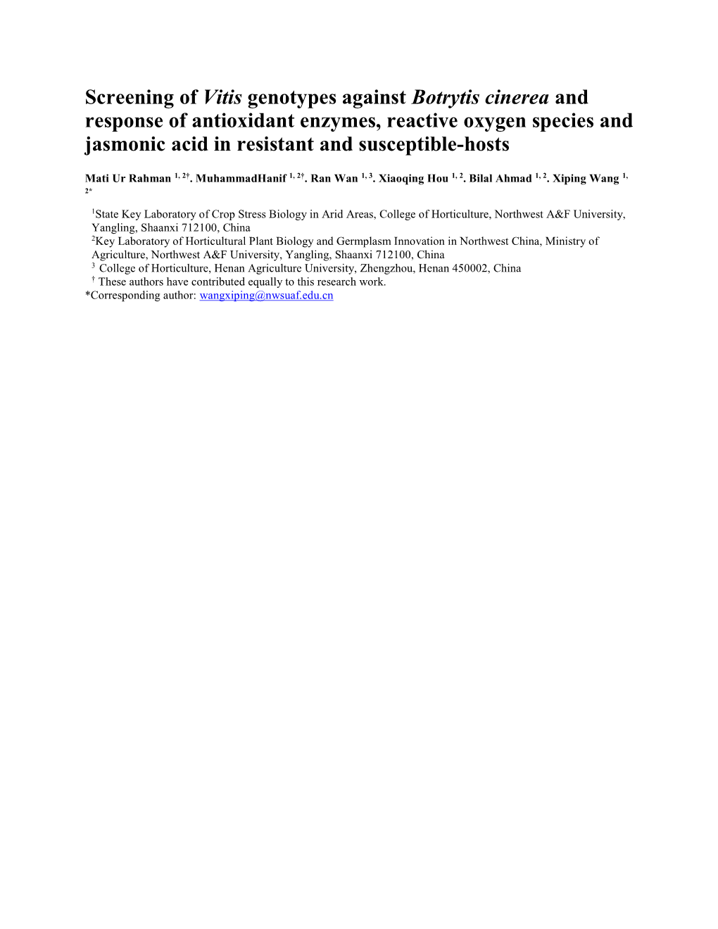 Screening of Vitis Genotypes Against Botrytis Cinerea and Response Of