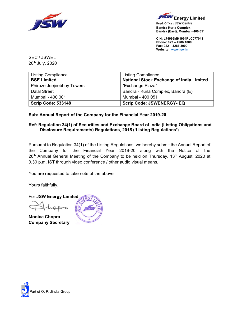 Energy Limited SEC / JSWEL 20Th July, 2020 Listing Compliance BSE