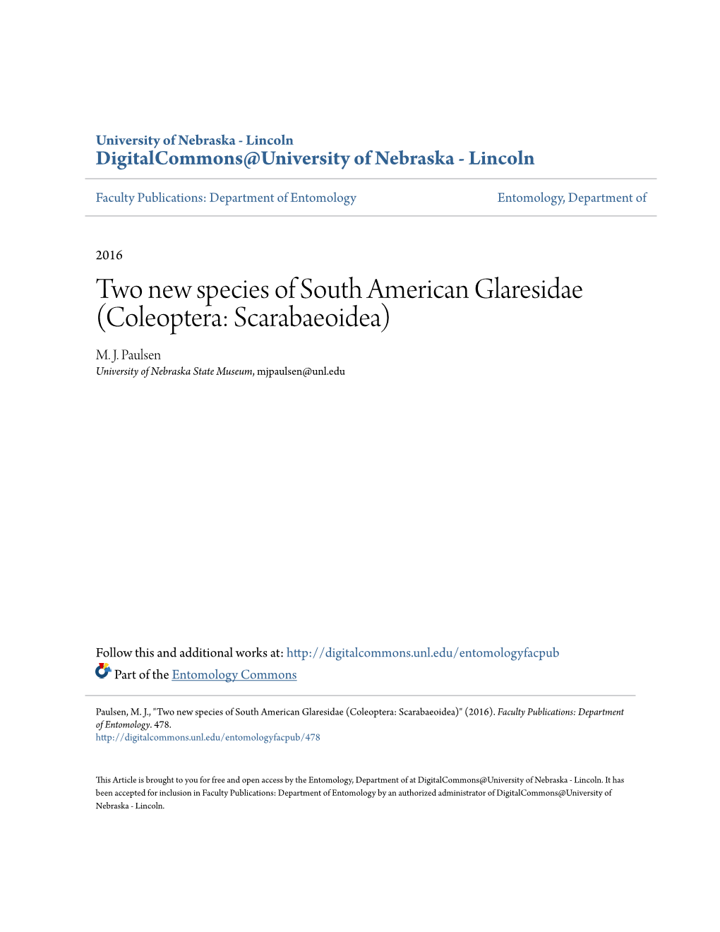 Two New Species of South American Glaresidae (Coleoptera: Scarabaeoidea) M