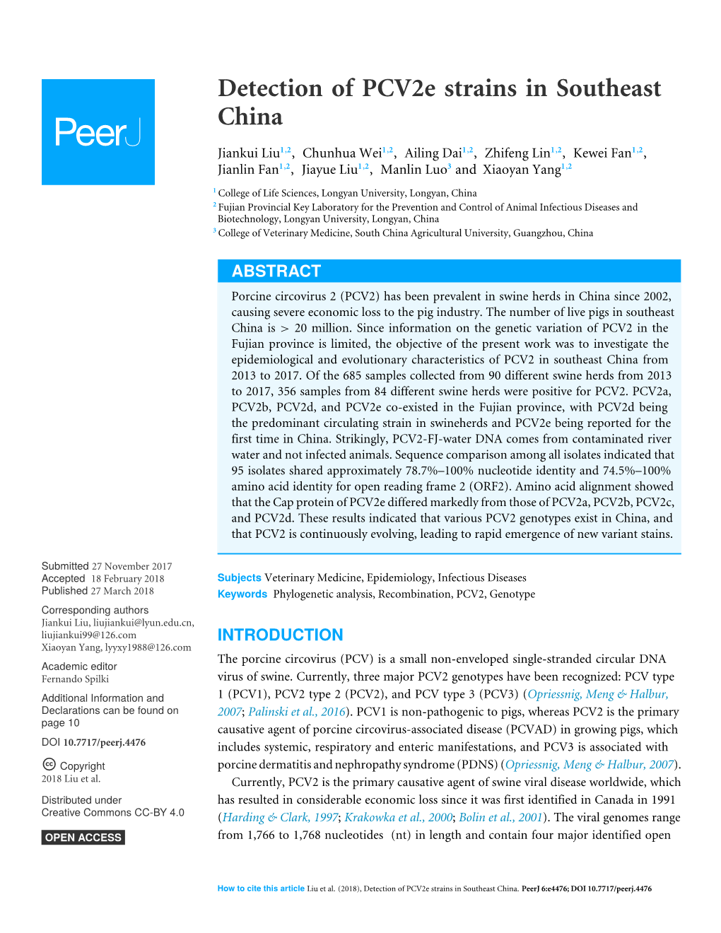 Detection of Pcv2e Strains in Southeast China