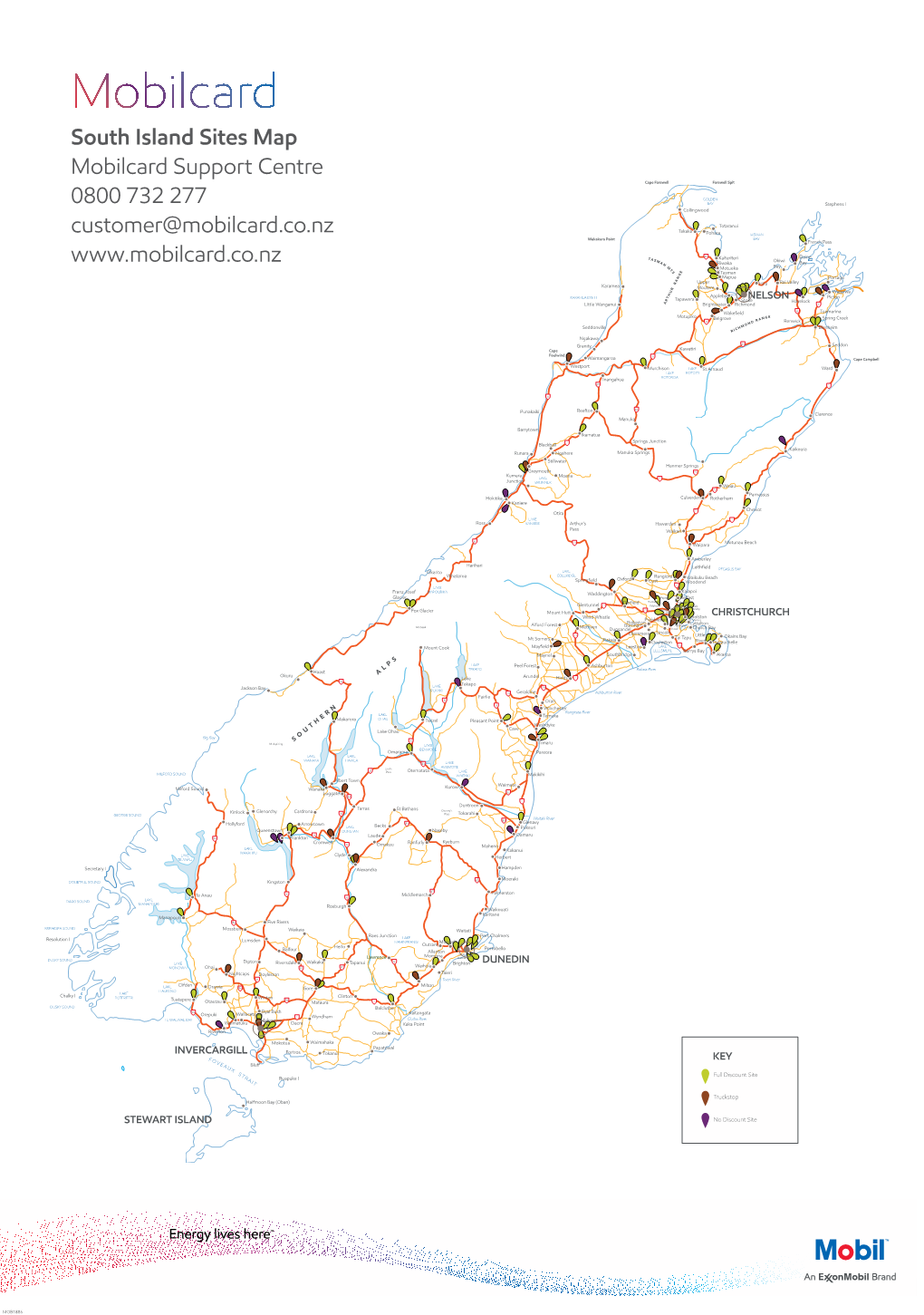 South Island Sites Map Mobilcard Support Centre 0800 732 277