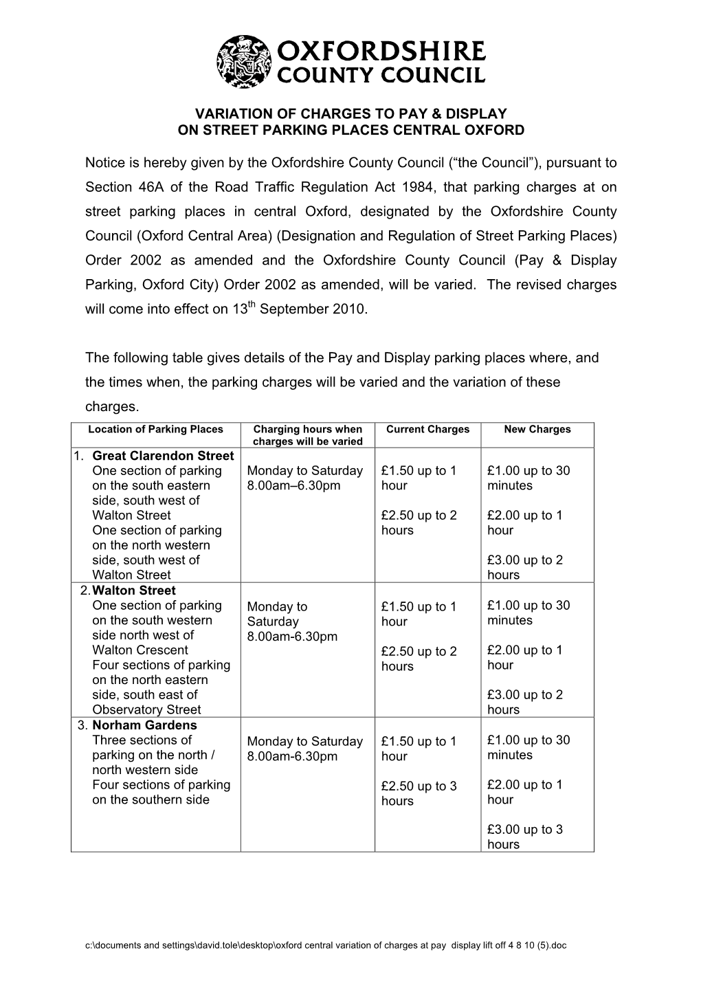 Variation of Charges to Pay & Display on Street Parking