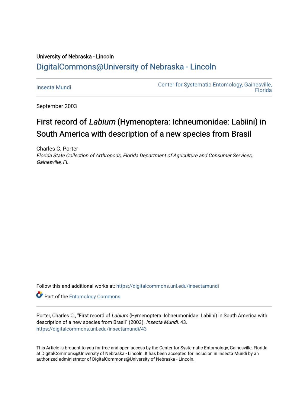 First Record of Labium (Hymenoptera: Ichneumonidae: Labiini) in South America with Description of a New Species from Brasil