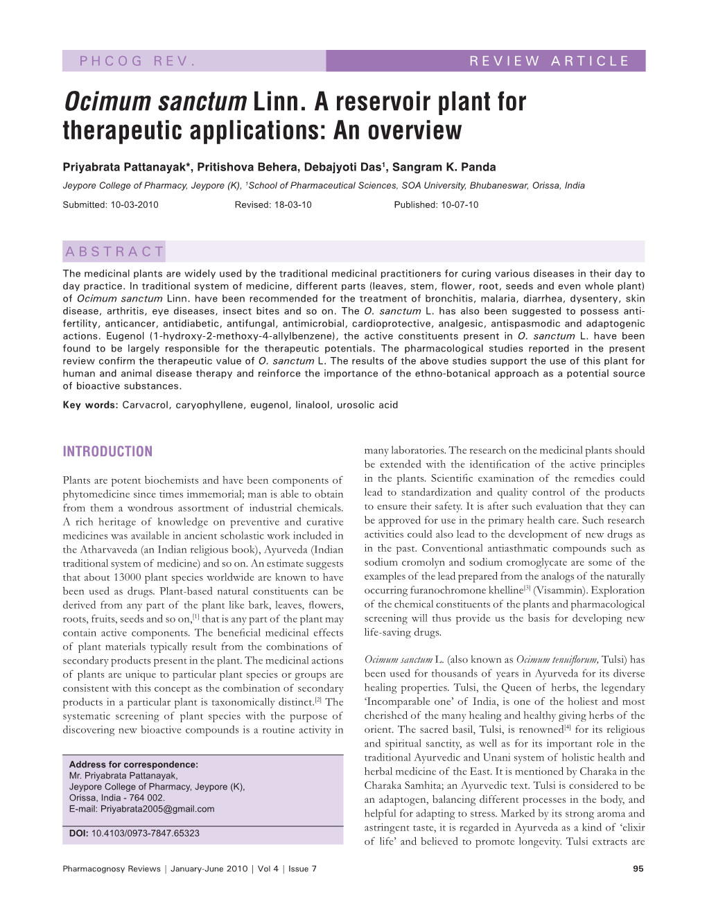 Ocimum Sanctum Linn. a Reservoir Plant for Therapeutic Applications: an Overview