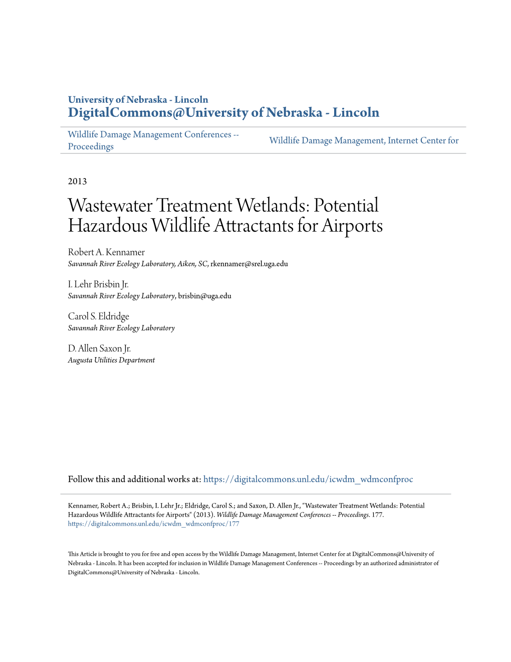 Wastewater Treatment Wetlands: Potential Hazardous Wildlife Attractants for Airports Robert A