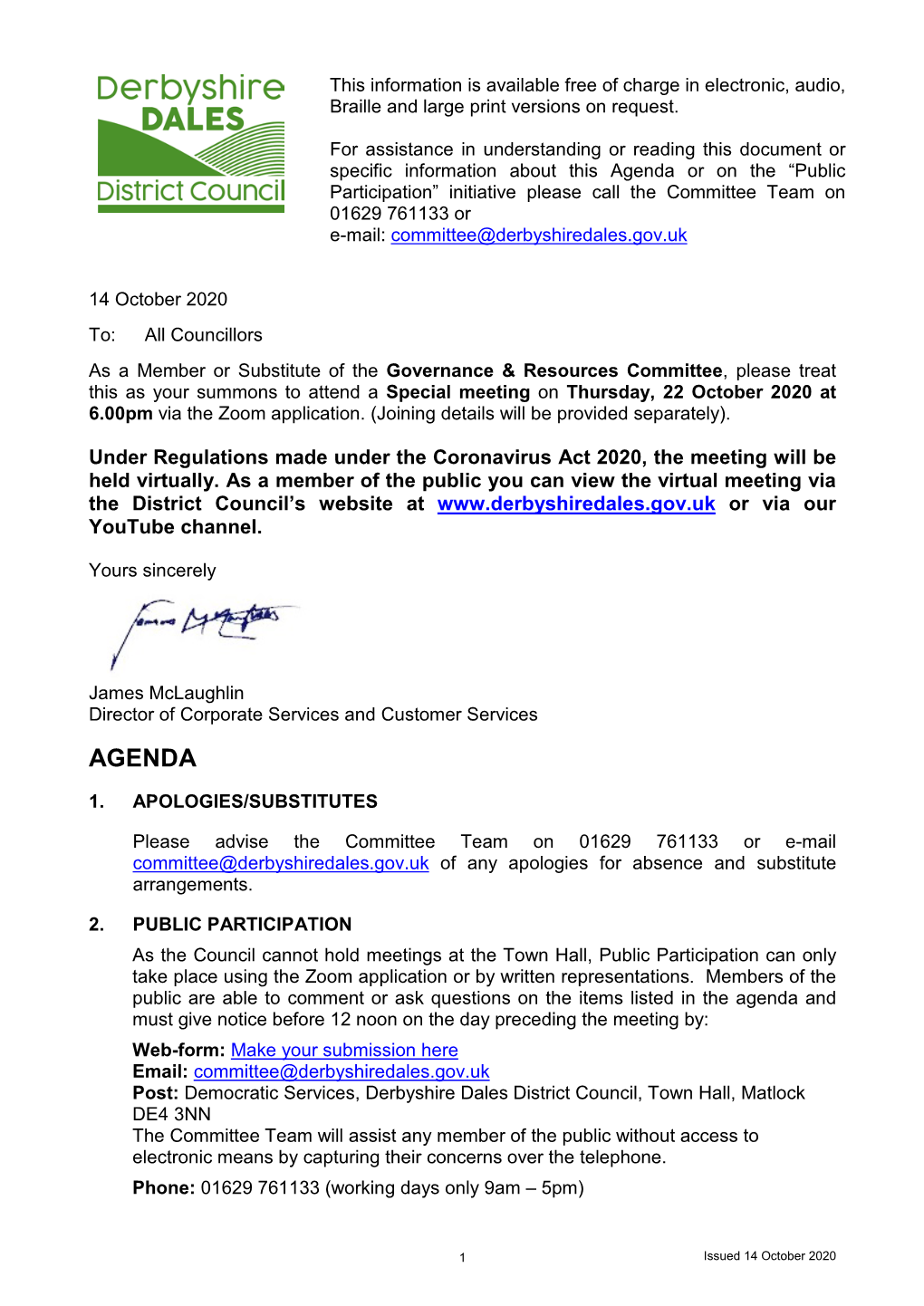 Agenda Or on the “Public Participation” Initiative Please Call the Committee Team on 01629 761133 Or E-Mail: Committee@Derbyshiredales.Gov.Uk 14 October 2020