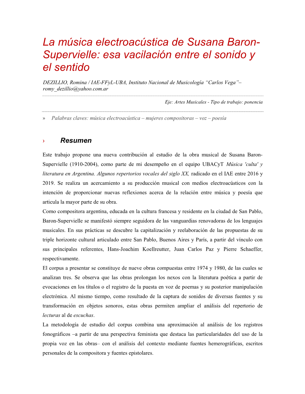 La Música Electroacústica De Susana Baron- Supervielle: Esa Vacilación Entre El Sonido Y El Sentido