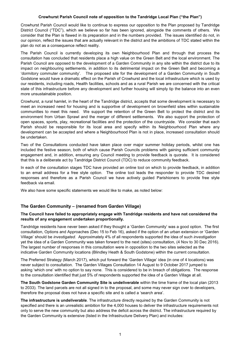 Crowhurst Parish Council Note of Opposition to the Tandridge Local