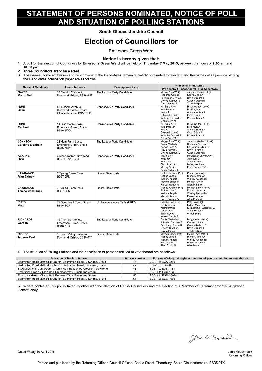 Statement of Persons Nominated, Notice of Poll and Situation of Polling Stations