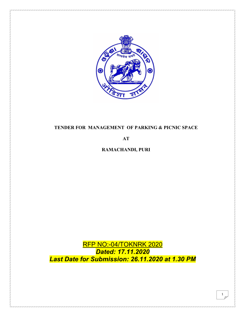 RFP NO:-04/TOKNRK 2020 Dated: 17.11.2020 Last Date for Submission: 26.11.2020 at 1.30 PM