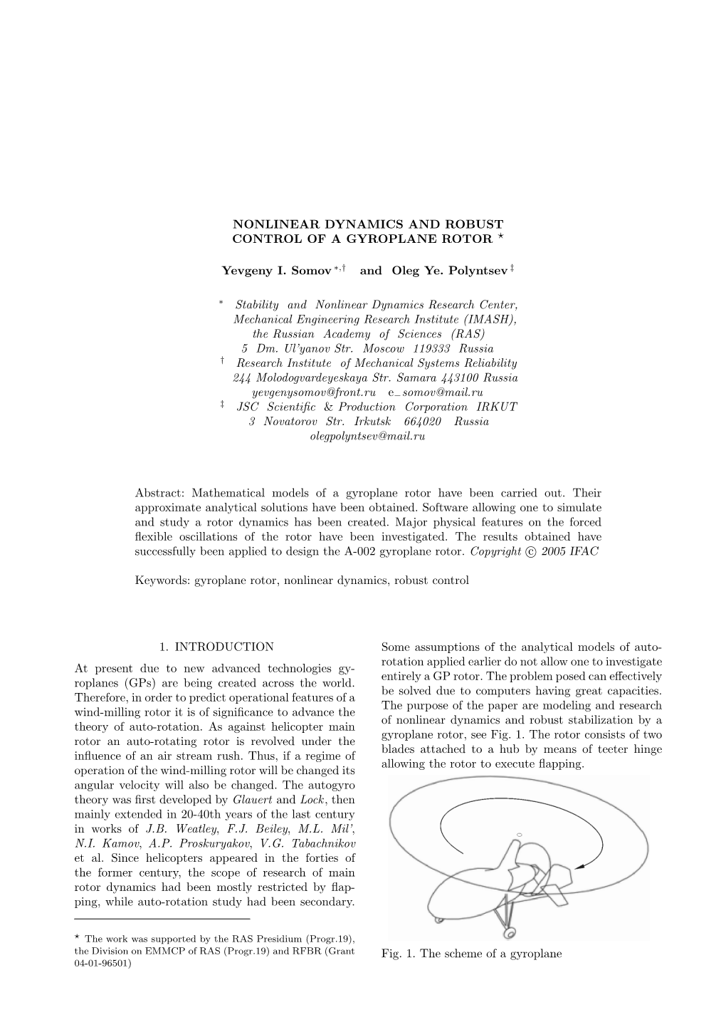 Nonlinear Dynamics and Robust Control of a Gyroplane Rotor ?