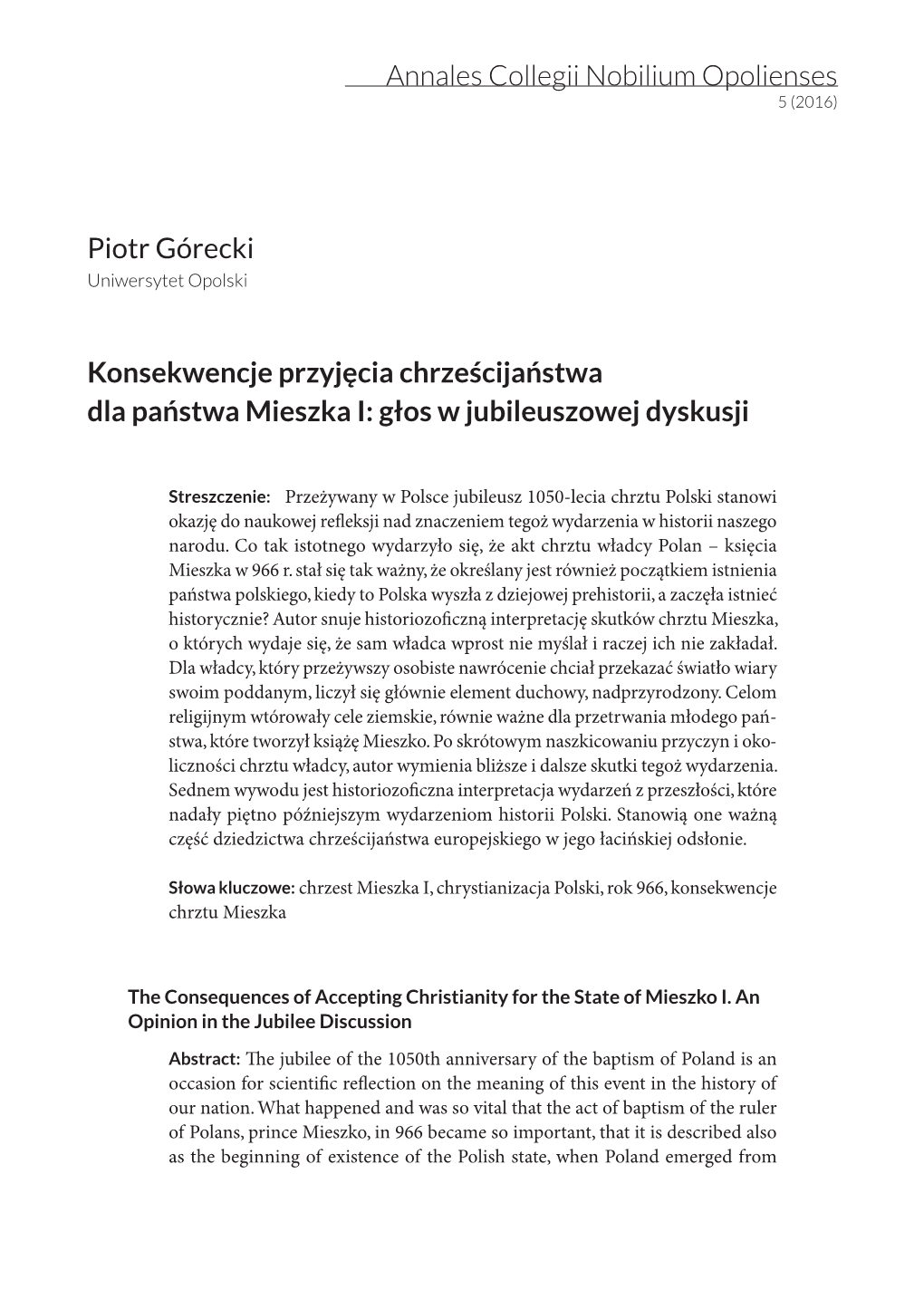 Annales Collegii Nobilium Opolienses Piotr Górecki Konsekwencje Przyjęcia Chrześcijaństwa Dla Państwa Mieszka I