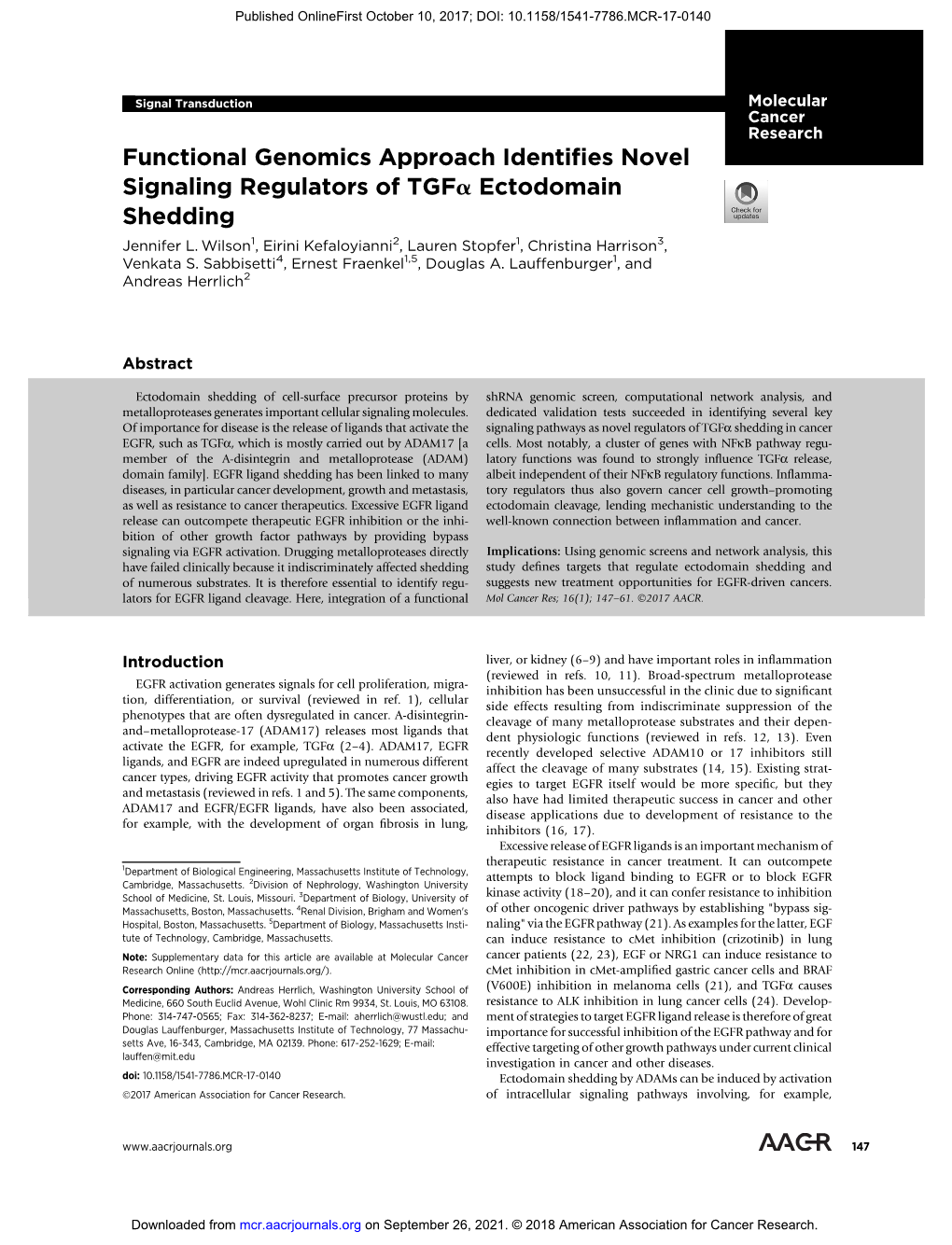 Functional Genomics Approach Identifies Novel Signaling Regulators of Tgfa Ectodomain Shedding