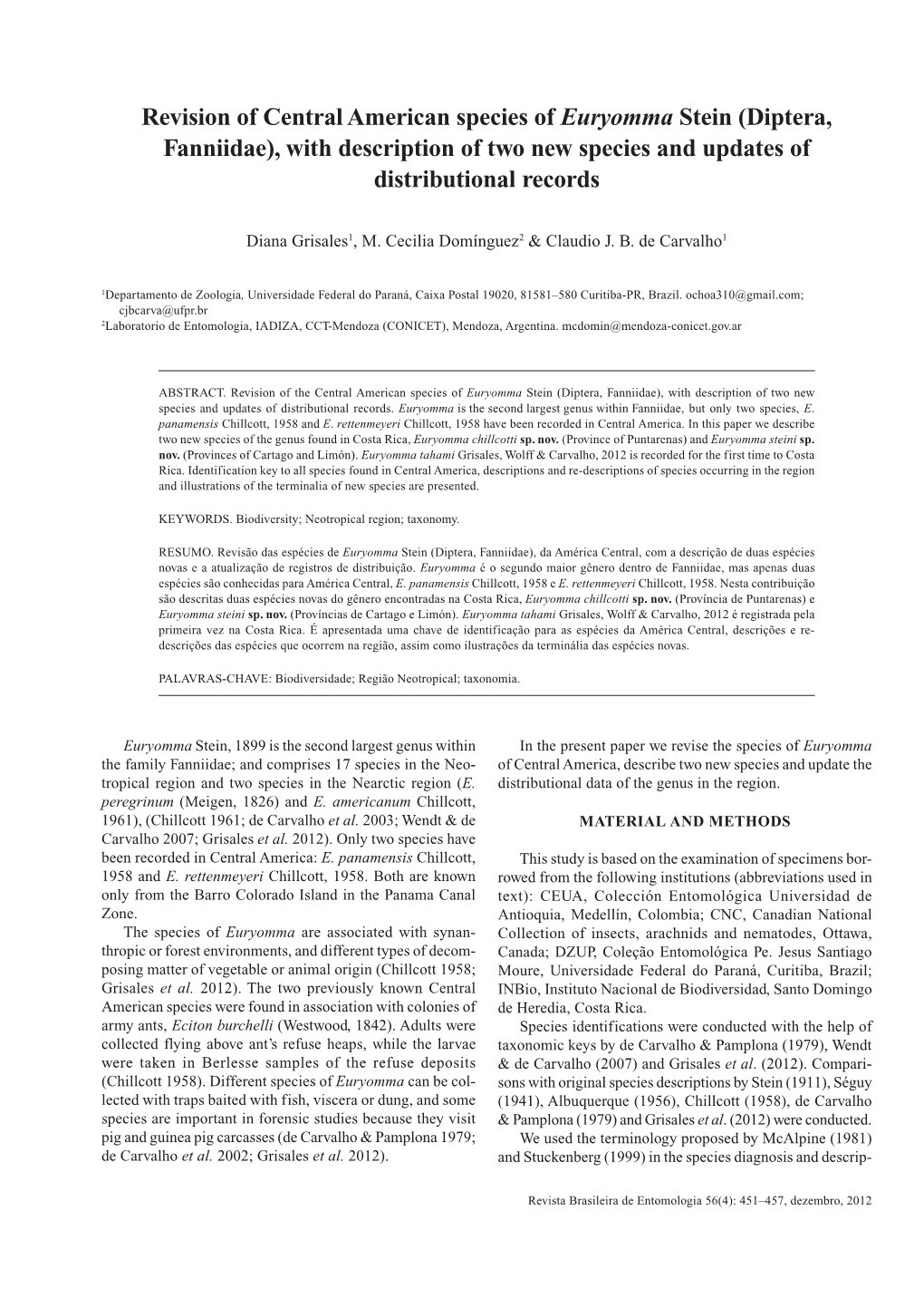 Revision of Central American Species of Euryomma Stein (Diptera, Fanniidae), with Description of Two New Species and Updates of Distributional Records