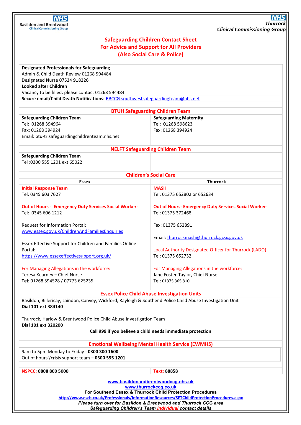 Safeguarding Children Contact Sheet for Advice and Support for All Providers (Also Social Care & Police)