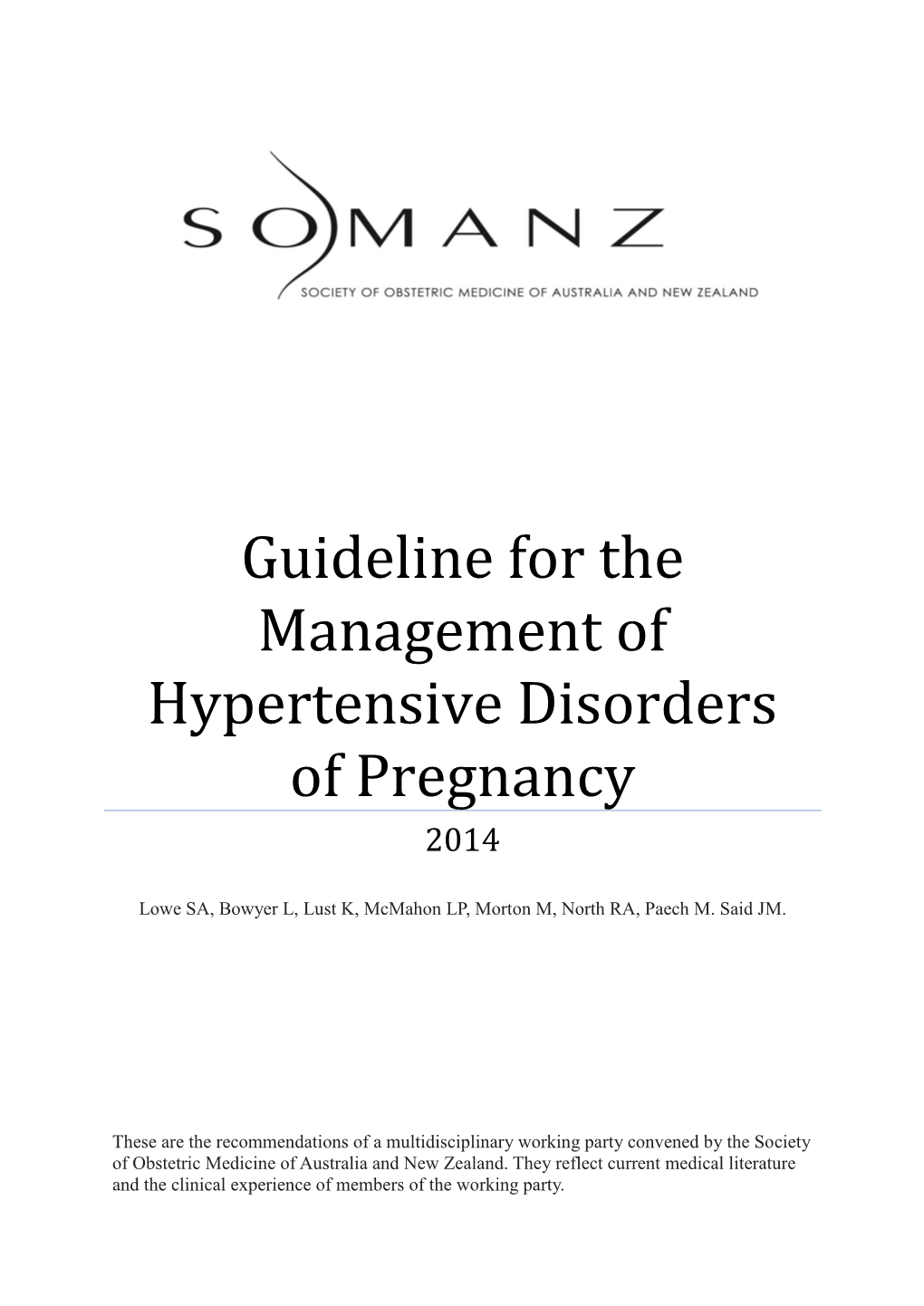 Guideline for the Management of Hypertensive Disorders of Pregnancy 2014