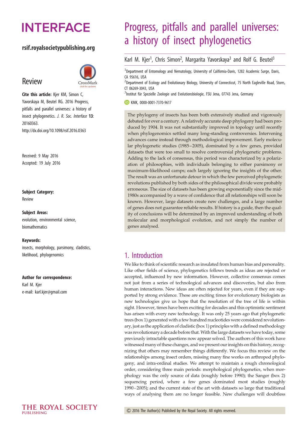 A History of Insect Phylogenetics Rsif.Royalsocietypublishing.Org Karl M