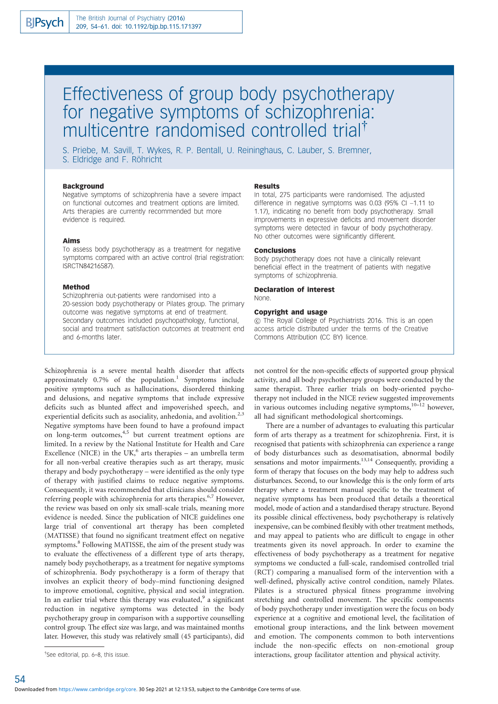 Effectiveness of Group Body Psychotherapy for Negative Symptoms of Schizophrenia: Multicentre Randomised Controlled Trial{ S