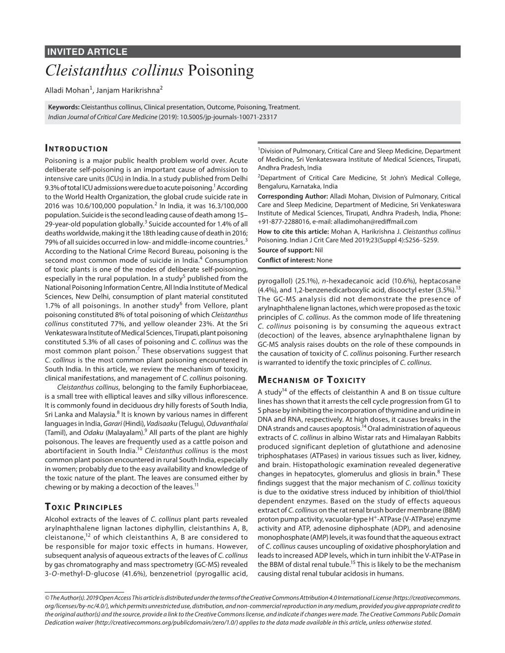 Cleistanthus Collinus Poisoning Alladi Mohan1, Janjam Harikrishna2