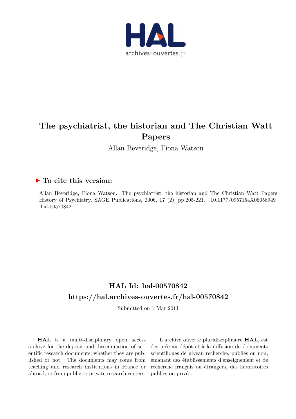 The Psychiatrist, the Historian and the Christian Watt Papers Allan Beveridge, Fiona Watson