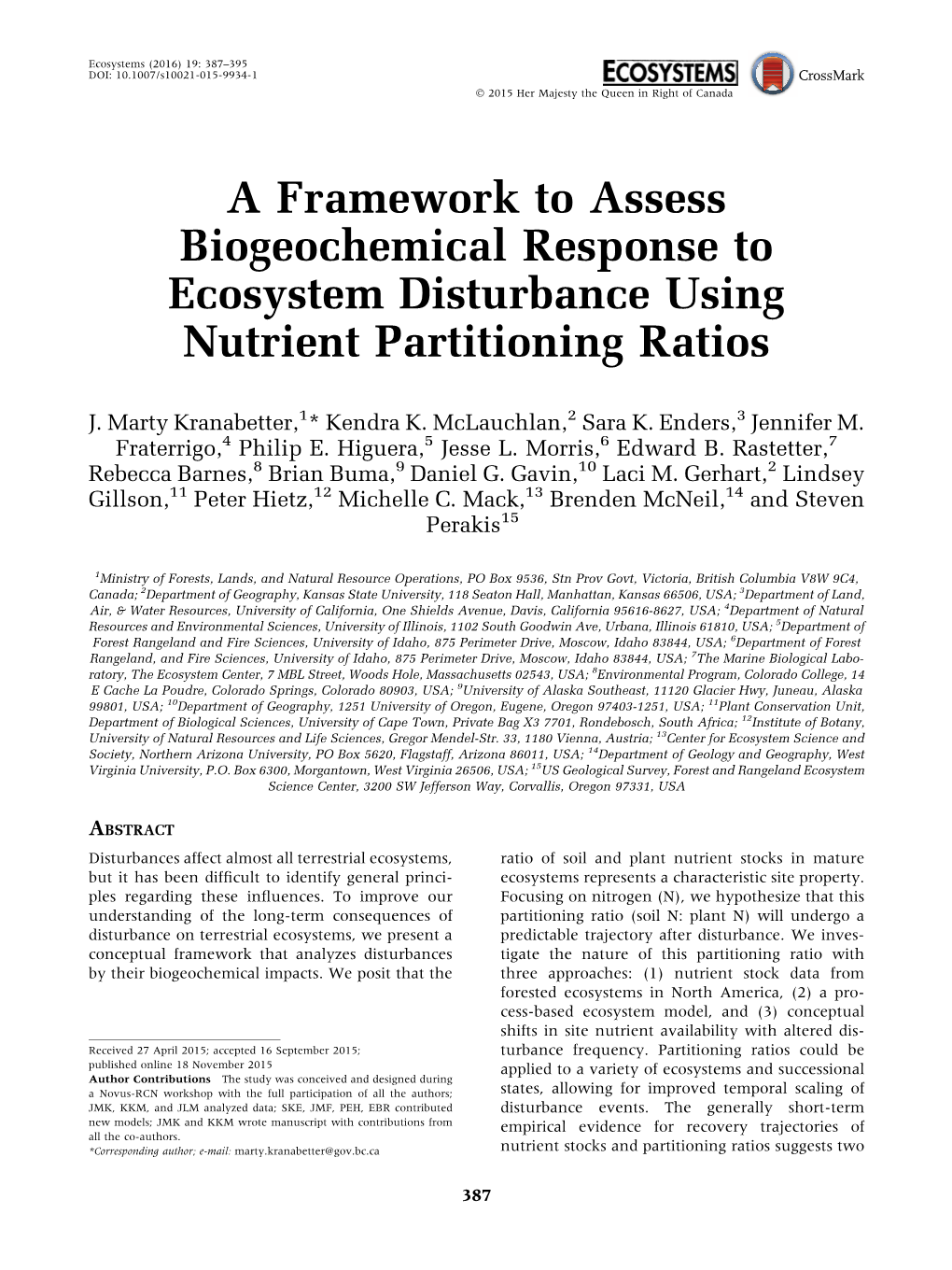 A Framework to Assess Biogeochemical Response to Ecosystem Disturbance Using Nutrient Partitioning Ratios