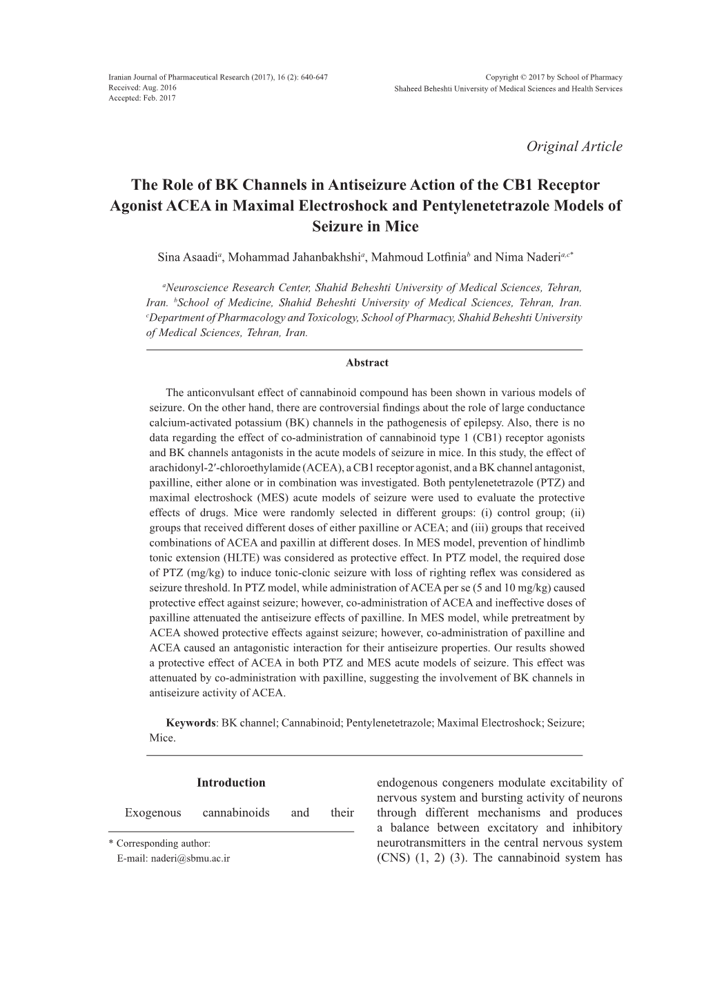 The Role of BK Channels in Antiseizure Action of the CB1 Receptor Agonist ACEA in Maximal Electroshock and Pentylenetetrazole Models of Seizure in Mice