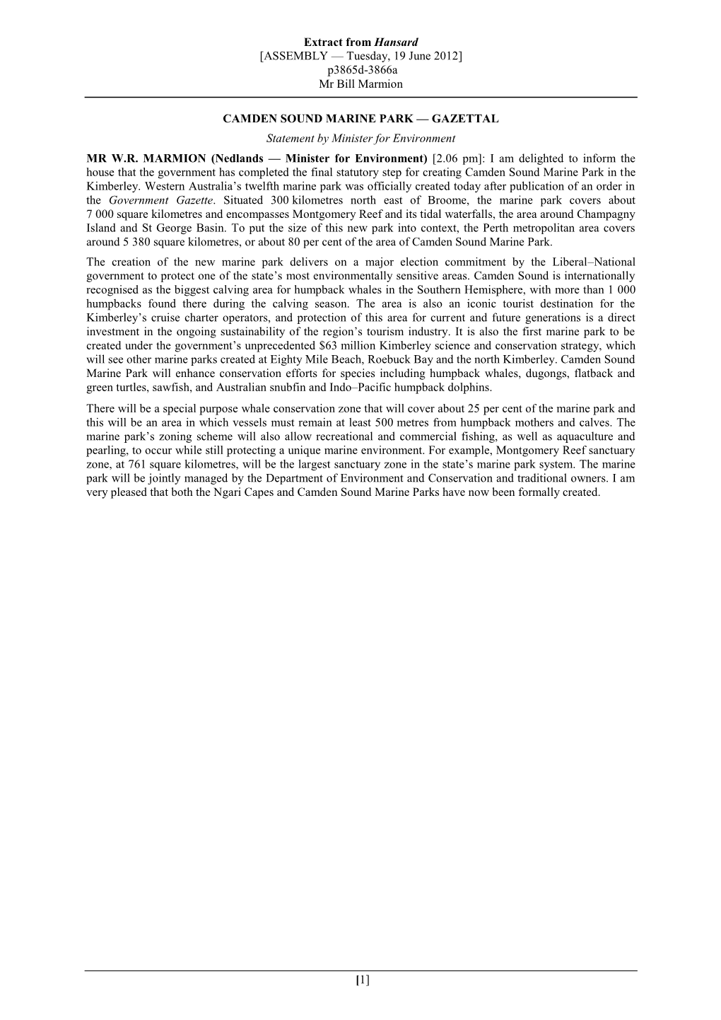 CAMDEN SOUND MARINE PARK — GAZETTAL Statement by Minister for Environment MR W.R