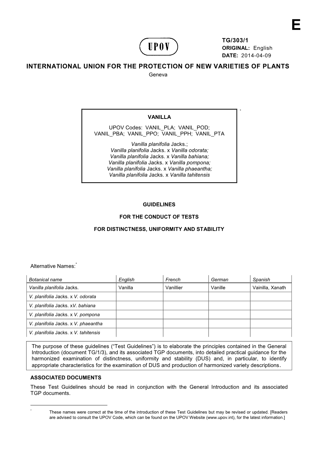 INTERNATIONAL UNION for the PROTECTION of NEW VARIETIES of PLANTS Geneva