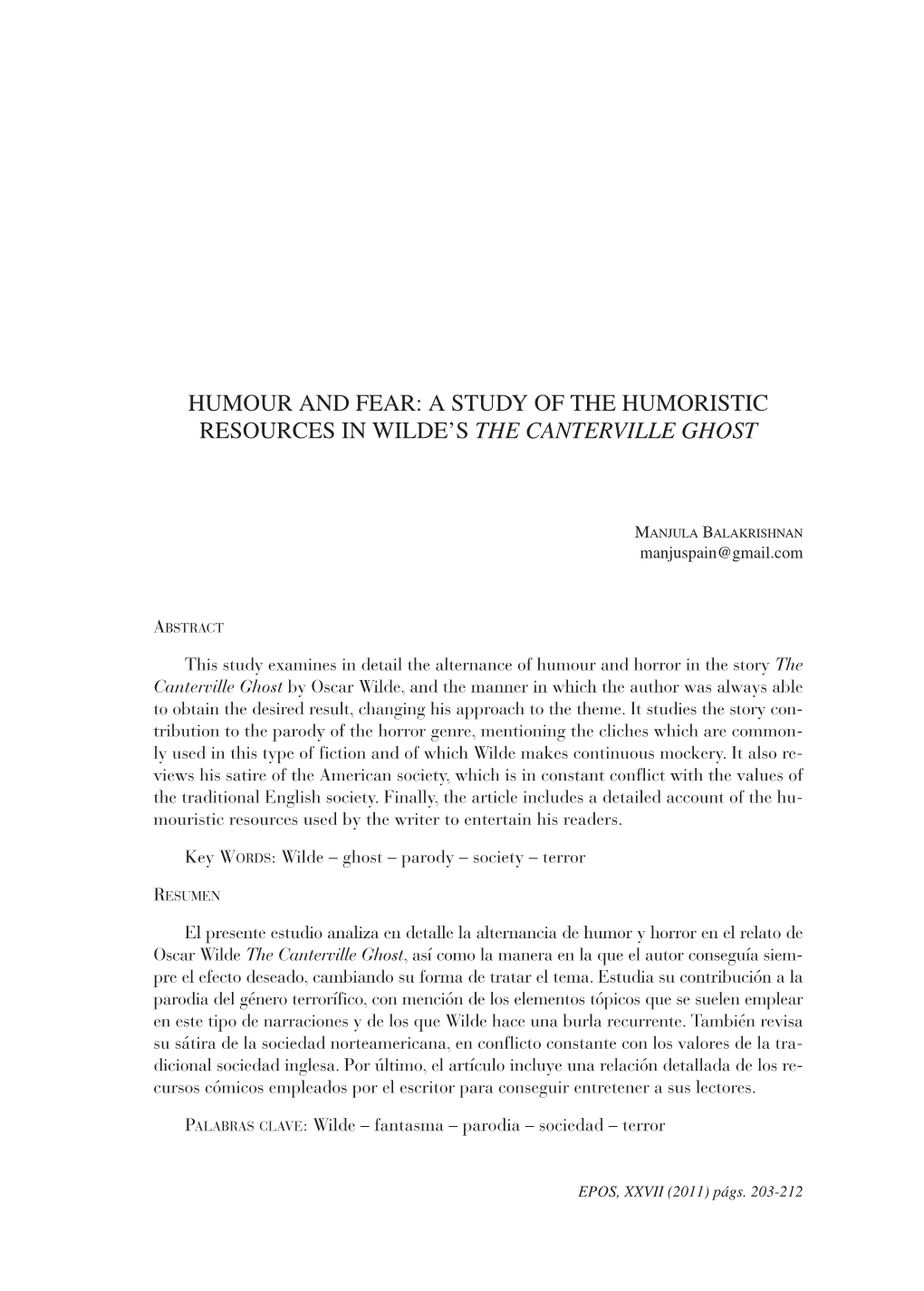 Humour and Fear: a Study of the Humoristic Resources in Wilde’S the Canterville Ghost