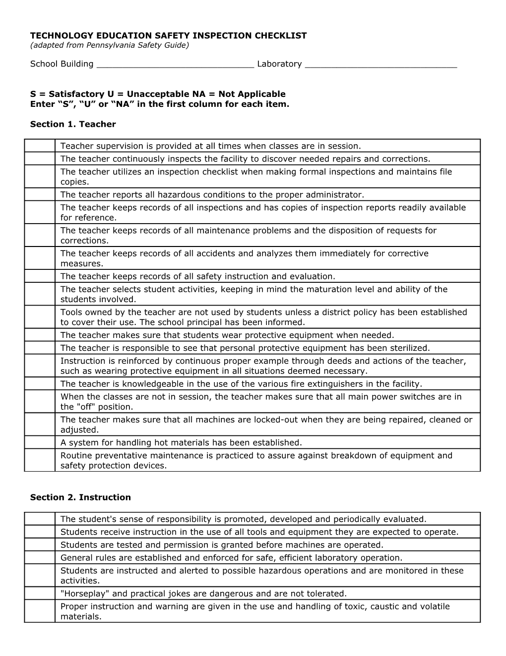 Technology Education Safety Inspection Checklist