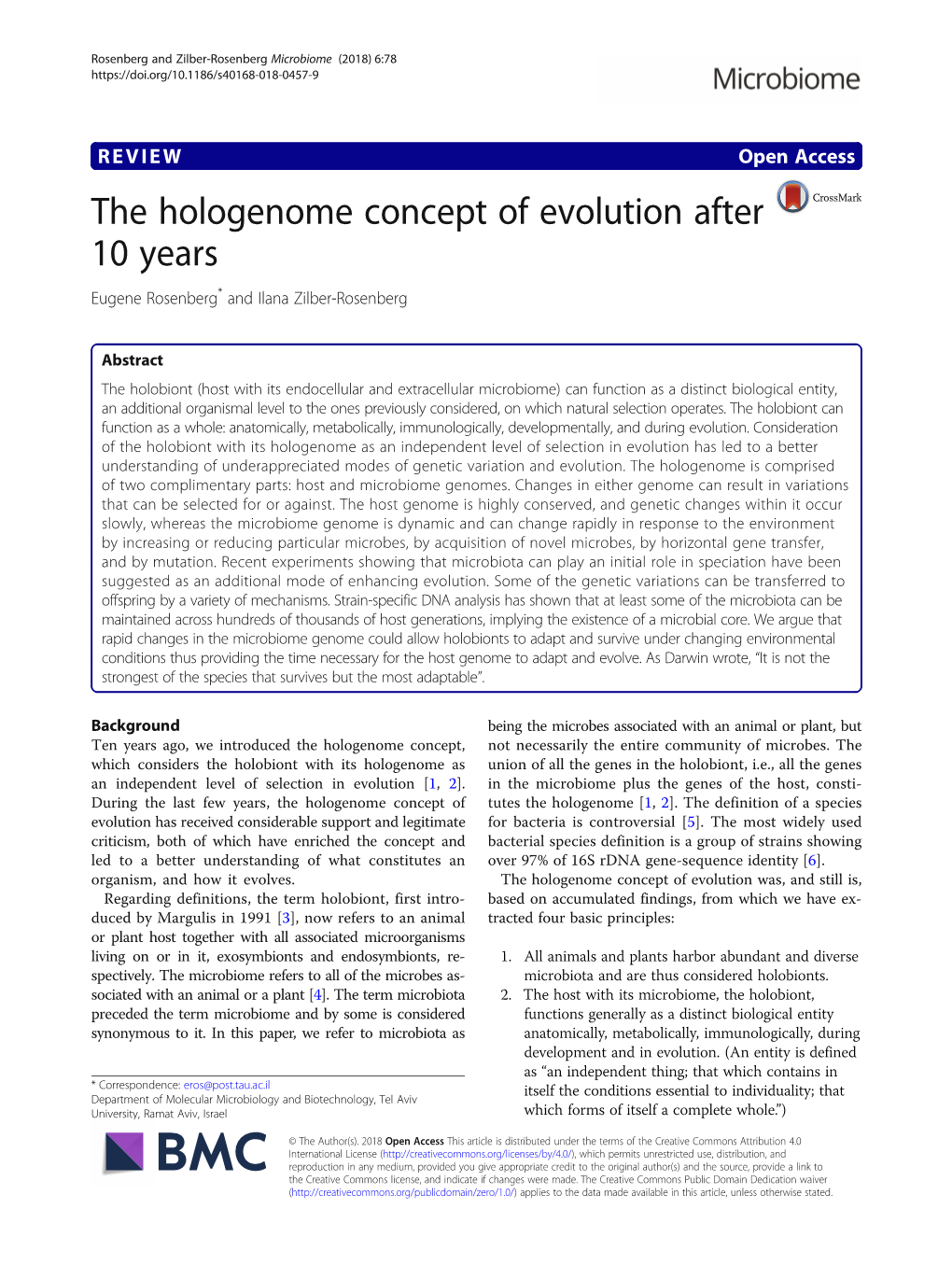 The Hologenome Concept of Evolution After 10 Years Eugene Rosenberg* and Ilana Zilber-Rosenberg