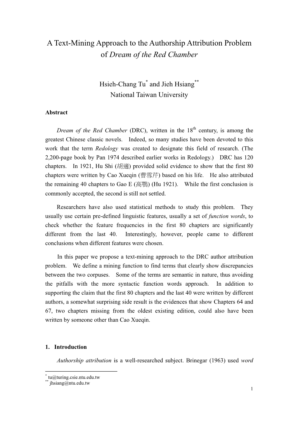 A Text-Mining Approach to the Authorship Attribution Problem of Dream of the Red Chamber