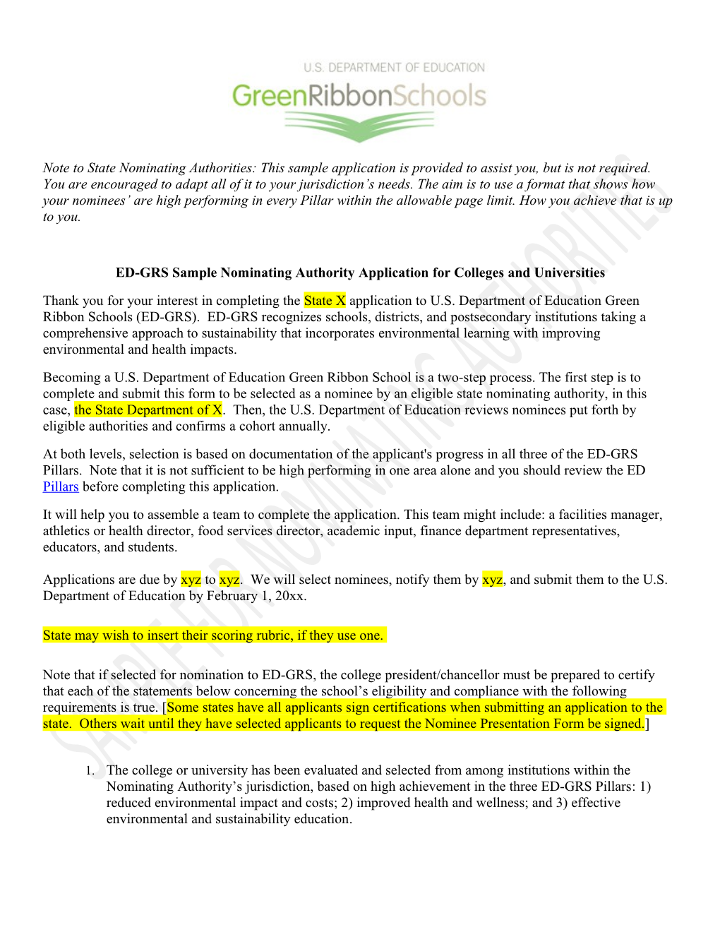 ED-GRS Sample Nominating Authority Application for Colleges and Universities (MS Word)