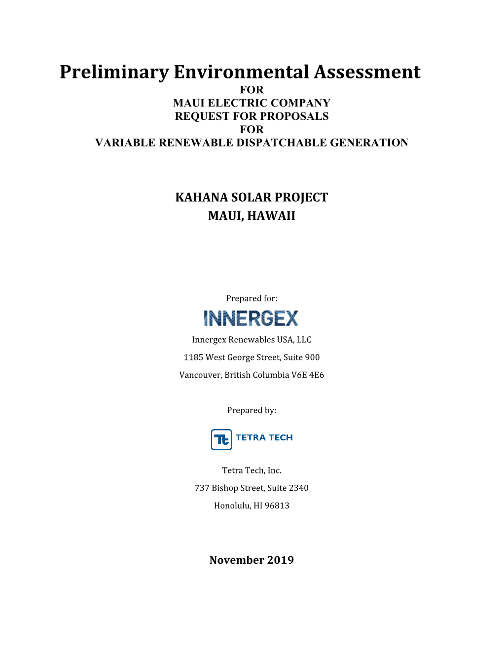 Preliminary Environmental Assessment for MAUI ELECTRIC COMPANY REQUEST for PROPOSALS for VARIABLE RENEWABLE DISPATCHABLE GENERATION