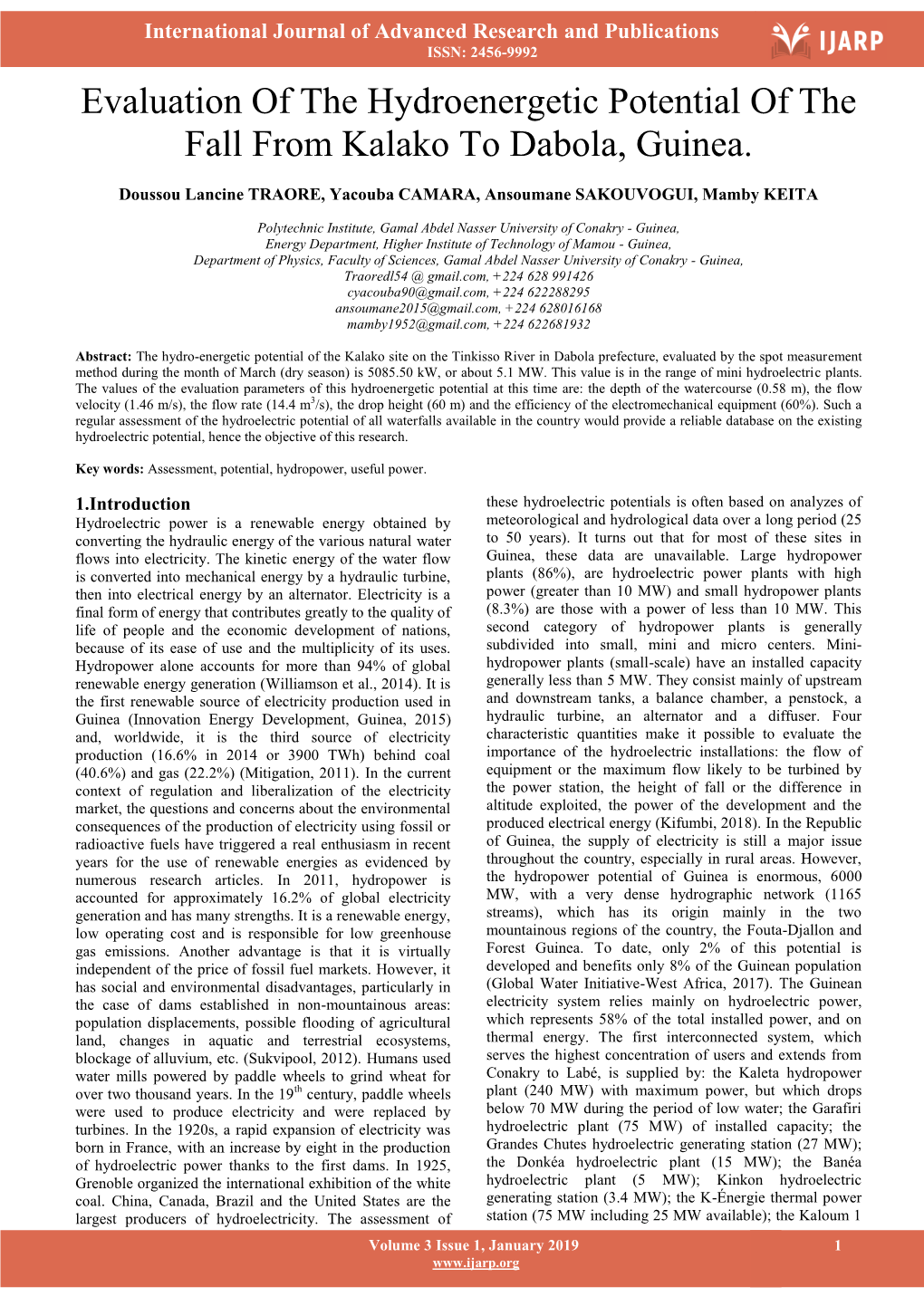 Evaluation of the Hydroenergetic Potential of the Fall from Kalako to Dabola, Guinea