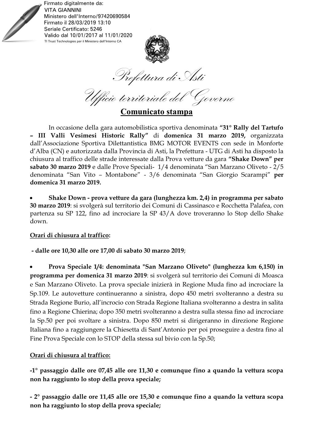 Prefettura Di Asti Ufficio Territoriale Del Governo Comunicato Stampa